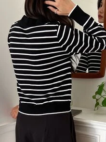 Dazy Tall 女款條紋休閒百搭日常長袖針織衫 秋季 - 黑與白 - 查看 2