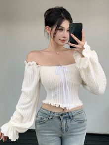DAZY 秋冬毛絨女款修身優雅通勤上衣，白色蕾絲拼接綁帶荷葉邊 T-shirt，適合婚禮宴會派對 - 米色 - 查看 3