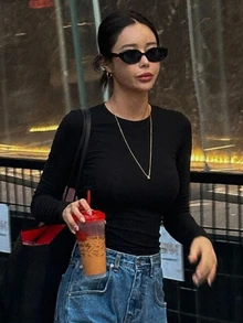 DAZY 女款純色露背修身百搭日常休閒上衣 秋季 - 黑色 - 查看 2