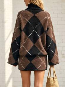 SHEIN PariChic Women Argyle Turtleneck Knit Two Pieces Outfit, Long Sleeve Plaid Sweater + Mini Skirt Matching Set, - Apricot - View 2
