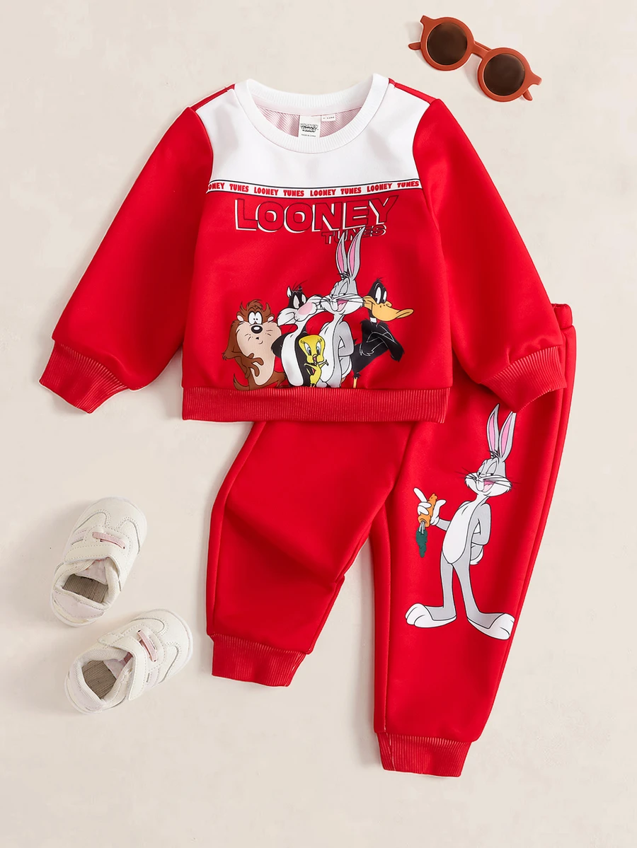 LOONEY TUNES X SHEIN Baby Boy Crew Neck Long Sleeve Sweatshirt And Sweatpants Casual Set - Red - View 1