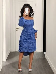 Slaydiva Slimming Elegant Casual Women's Denim Dress - Blue - View 4