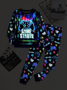 SHEIN 青少年男孩霓虹遊戲機圖案圓領長袖褲子休閒舒適貼身居家睡衣套裝 2件組 - 黑色 - 查看 1