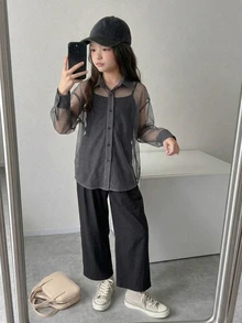 Dazy Kids 青少年女孩純色落肩長袖單排扣網紗上衣 秋季 - 灰色 - 查看 4