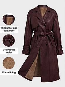 SHEIN Clasi Angola Red PU Leather Long Trench Coat - Burgundy - View 2