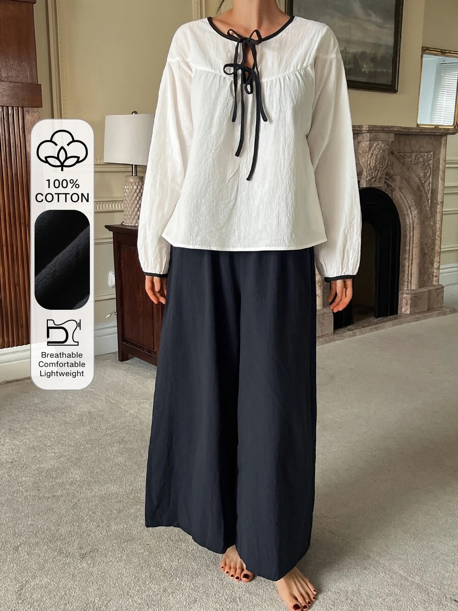 DAZY Autumn Elegant Contrast Color Tie Drawstring Petal Sleeve Women's Pajama Set - White - View 1