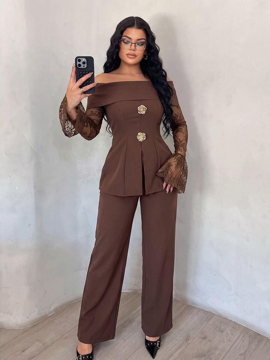 Vavine Women's Brown Contrast Lace Gold Rose Buckle Off-Shoulder Top And Long Pants Elegant Two Pieces Set - Coffee Brown - View 1