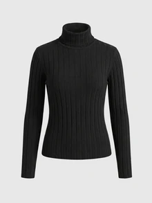 SHEIN 青少年女孩秋冬款白色毛絨針織高領休閒修身紋理羅紋打底衫，百搭極簡風T恤上衣 - 黑色 - 查看 2