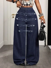 Slaydiva Celana Jeans Denim Wanita Kasual Serbaguna untuk Pemakaian Harian dengan Ujung Rumbai - Dark Wash - View 7