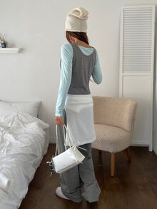 K-Vae Ballet Style Grey & White Layered 2 Pieces Set Top, Semi-Sheer Long Sleeve Base Layer + Button-Front Camisole, Slim Fit Flattering Sweet Girl Outfit - Grey - View 2
