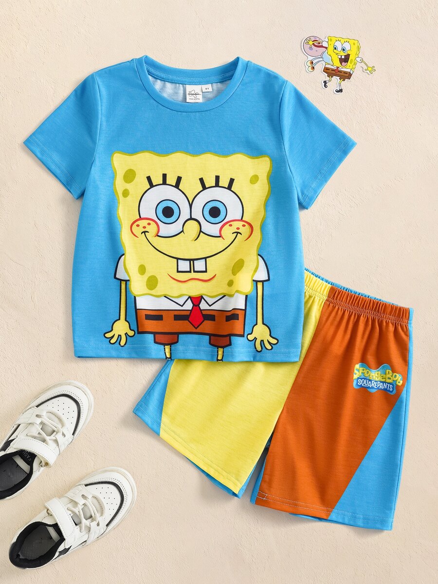 SpongeBob SquarePants | SHEIN 2pcs/Set Young Boy Casual Style Crew Neck Short Sleeve T-Shirt And Shorts Comfortable Two Pieces Set - Multicolor - View 1