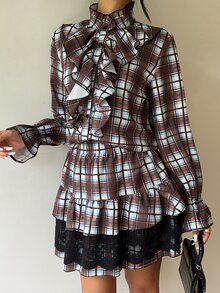 SHEIN New Vintage Preppy Commuter Plaid Ruffle Collar Long Sleeve Blouse & Lace Patchwork Ruffle Hem Mini Skirt 2-Piece Set For Women - Multicolor - View 4