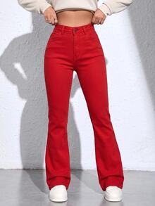 SHEIN ICON 女款高腰口袋休閒百搭喇叭褲牛仔褲 - 紅色 - 查看 4