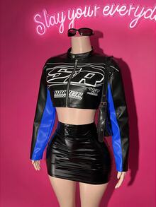 Slaydiva Women's Motorcycle Letter Print Zipper Cropped Jacket - Multicolor - View 4