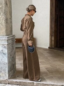 DAZY Women's Casual Brown Denim Jumpsuit Long Sleeve Tops - Brown - View 4