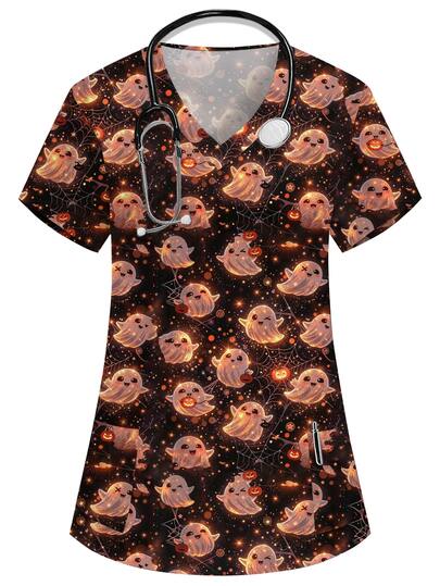PopScrub Black Halloween V-Neck Short Sleeve Double Pocket Cute Halloween Ghost Pattern Design Print Nurse, Lab, Doctor Work Uniform, Multi-Pocket Functional Holiday Outfit, Halloween Women's Top, Trick Or Treat, Halloween Party, Halloween Decoration, Scary, Cute