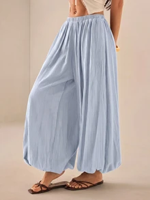 SHEIN PETITE 2026女款春夏度假系列：優雅橄欖綠寬鬆喇叭褲 - 藍色 - 查看 6
