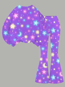 Tween女孩休閒可愛卡通女團印花 K-Pop 超級巨星亮星紮染圓領落肩衛衣與修身寬腿褲兩件套，適合秋冬 - 彩色 - 查看 2