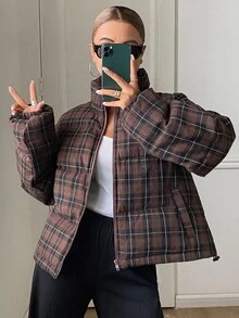 DAZY Women's Street Fashion Plaid Pocket Zipper Padded Coat - Burgundy - View 3
