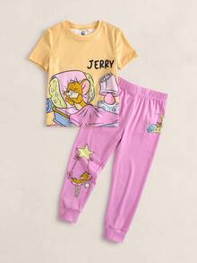 TOM & JERRY X SHEIN Young Girl Letter Print Short Sleeve T-Shirt And Long Pants Loungewear Set - Pink - View 1