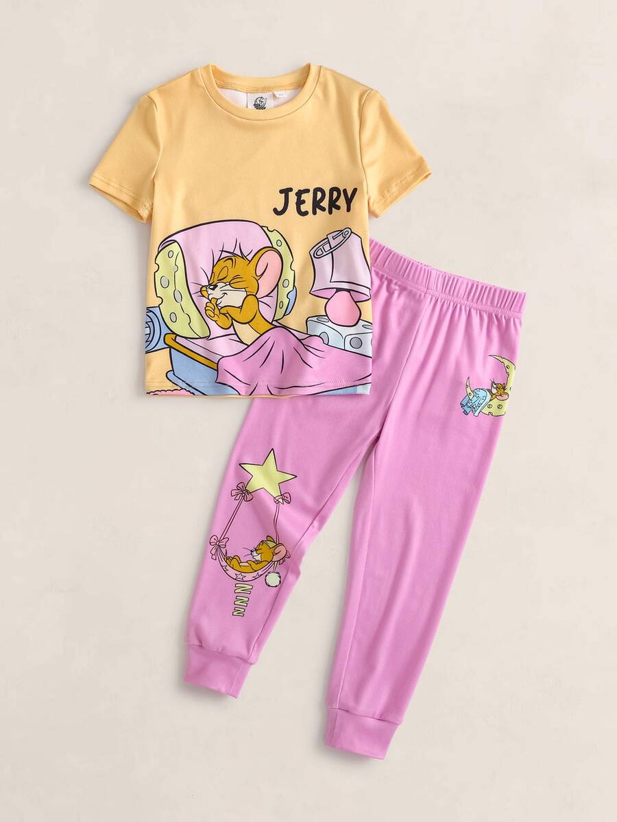 TOM & JERRY X SHEIN Young Girl Letter Print Short Sleeve T-Shirt And Long Pants Loungewear Set - Pink - View 1