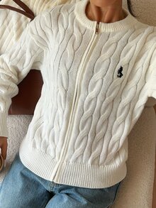 SHEIN Cardigan Wanita Minimalis Serbaguna Gaya Preppy Fashion Kasual untuk Perjalanan Sehari-hari, Bordir, Resleting, Cocok untuk Sekolah, Warna Putih, Musim Gugur - Krem - View 6