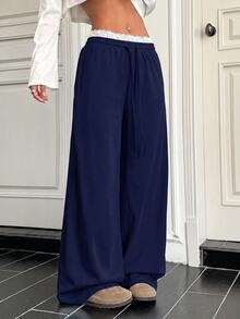 SHEIN EZwear Women's Casual Comfortable Navy Blue Solid Color With White Lace Patchwork Long Pants, Fall Clothes For Women, Winter Clothes For Women, Fall Winter 2026 - Royal Blue - View 4