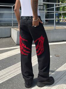 Manfinity EMRG Men Y2K Black Denim Pants Skeleton Palm Embroidery Design Loose Fit Bootcut Jeans Hip Hop Goth Casu - Black - View 5