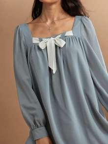 WESTFADE Bow Front Long Sleeve Babydoll Mini Dress, Fall Winter 2026 Western Style Cowgirl Clothing, Rodeo, Female Country Look, Autumn, Festival, Church - Dusty Blue - View 2