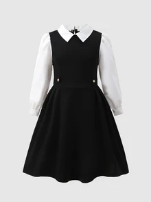 SHEIN Tween Girls Fall Dresses Shirt Collar Mesh Sleeve Pearl Decor Preppy Elegant Knit Fitted Floral Loose Ruched Halloween School Graduation White Black - Black - View 4