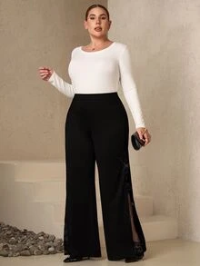 Chikora Plus Size Women's Mesh Patchwork Casual Versatile Daily Wear Long Pants - Black - View 6