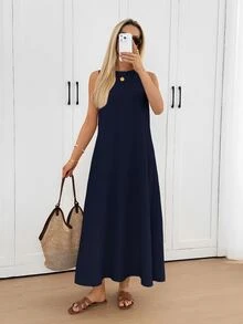 Easowa Curve Plus Size Women Solid Color Casual Daily Summer Travel Dress - Navy Blue - View 9