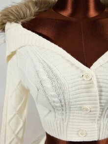 Mistrie Autumn/Winter Cozy Brown Coffee Fluffy Knit Set, Argyle Cable Knit Fitted Cropped Top & Tight Knit Shorts 2 Pieces Set - Beige - View 7