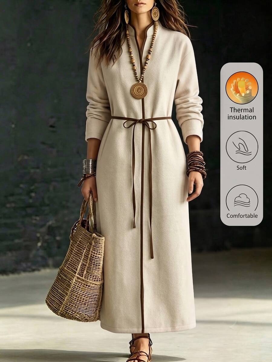 Wandoria Women's Luxury Commuter Oatmeal Color Long Overcoat, Hidden Button Cardigan Waist Tie Belt Wool Jacket - Khaki - View 1
