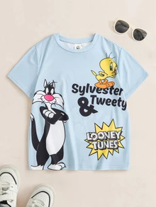 LOONEY TUNES X SHEIN 青少年男孩圓領短袖休閒百搭T恤 - 藍色 - 查看 1