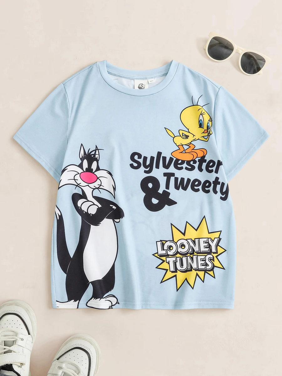 LOONEY TUNES X SHEIN 青少年男孩圓領短袖休閒百搭T恤 - 藍色 - 查看 1