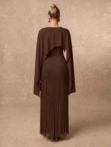 Lumalex Women's Elegant Shawl Collar Tassel Hem Dress For Evening Party - Brown - View 2