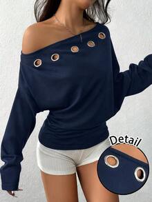SHEIN EZwear 女款休閒不對稱領口衛衣，飾有金屬孔眼裝飾 - 藏蓝色 - 查看 10