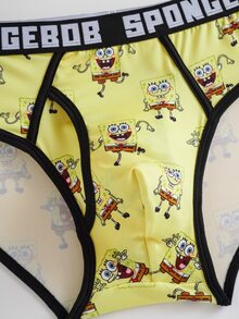 SpongeBob SquarePants | SHEIN 男士字母腰帶卡通印花休閒三角內褲 - 黃色 - 查看 4
