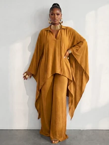 BamGlimmer Women's Solid Color Batwing Sleeve Asymmetric Hem Shirt And Pants Casual 2 Pieces Set - Yellow - View 4