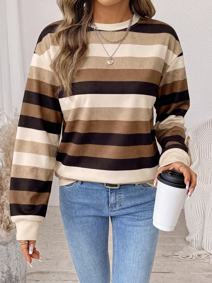 SHEIN LUNE 女款拼色休閒百搭日常長袖運動衫 - 白色 - 查看 1