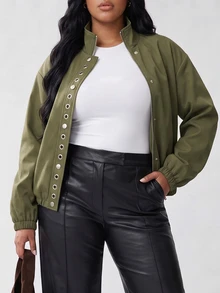 Solavibe Plus Size Olive Snap Button Bomber Jacket For Commute Street Style,Winter Clothing,Batwing Sleeve,Daily Commute,Urban Street Style,Fall/Winter - Green - View 9