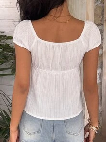 SHEIN EZwear 100%純棉梭織提花女款襯衫，適合春季/夏季與初秋 - 白色 - 查看 2