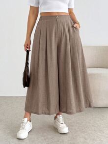 Shapeblank Plus Size Casual Button Pocket Pleated Loose Pants Fall - Mocha Brown - View 6