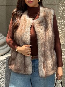 Easura Plus Size Round Neck Sleeveless With Pockets Fashion Elegant Street Party Gathering Date Plus Size Women Faux Fur Coat Winter - Camel - View 4