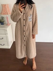 TOM AND JERRY X DAZY Winter Cartoon Pattern Embroidered Plush Thick Women's Robe - Khaki - View 3