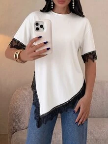 Firerie Women's Lace Patchwork Casual Versatile Daily Wear T-Shirt - Black and White - View 7