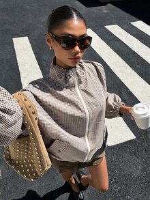 Muchica Women's Plaid Casual Versatile Daily Long Sleeve Jacket - Brown - View 7
