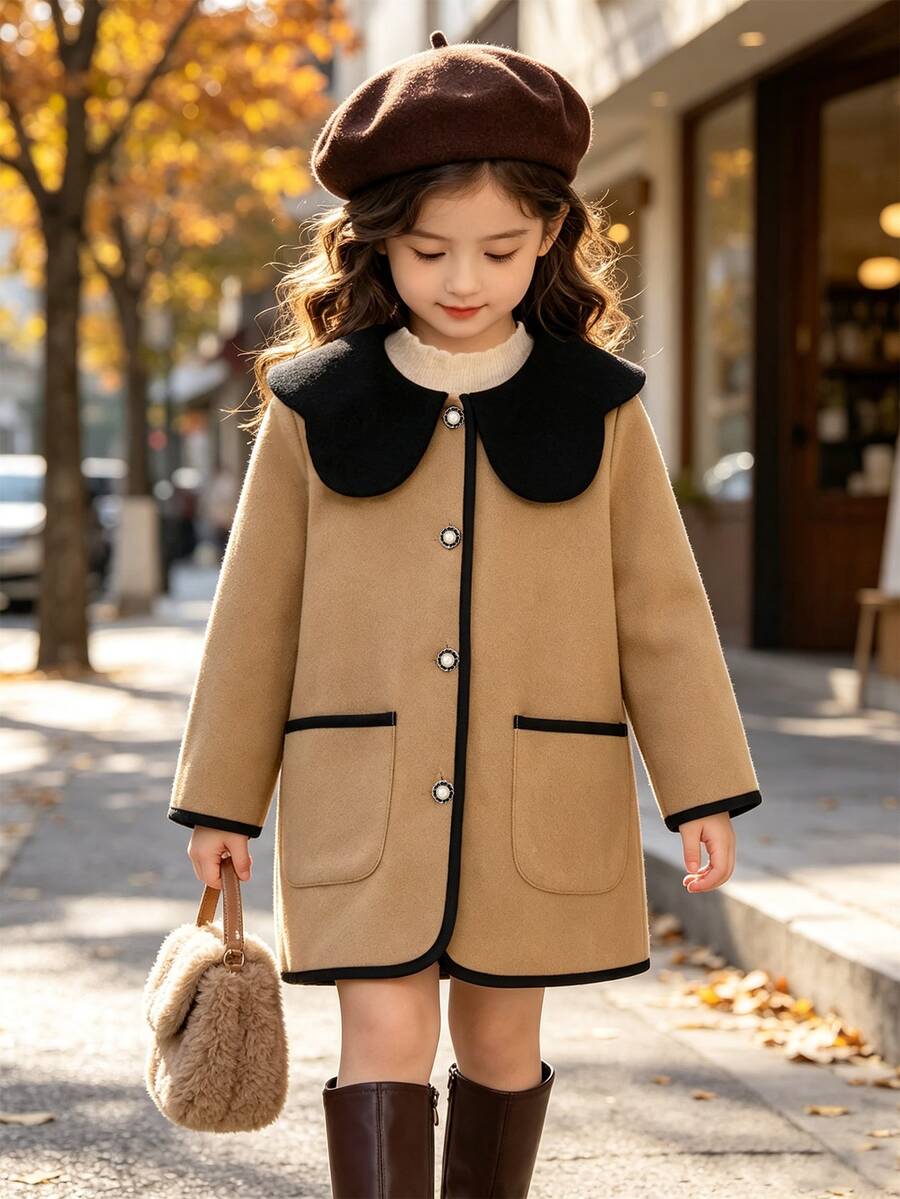 Elladie kids 女童卡其色大衣,黑色大翻領彼得潘領,珍珠飾邊鈕扣與口袋,寬鬆版型,舒適日常穿著,時尚秋季款 - 卡其色 - 查看 1