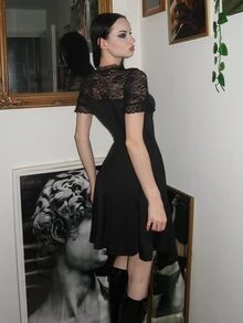 Glisette Gaun Pendek Hitam Wanita untuk Halloween, Elegan, Vintage, dan Imut - Hitam - View 2